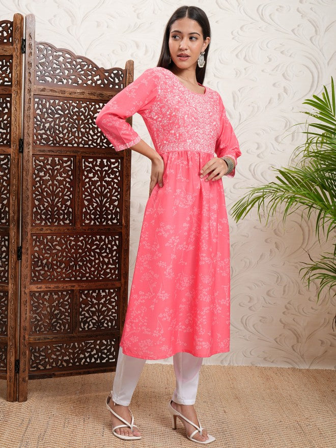 Vishudh Women Pink Printed A-Line Kurta - Pink - Image 6
