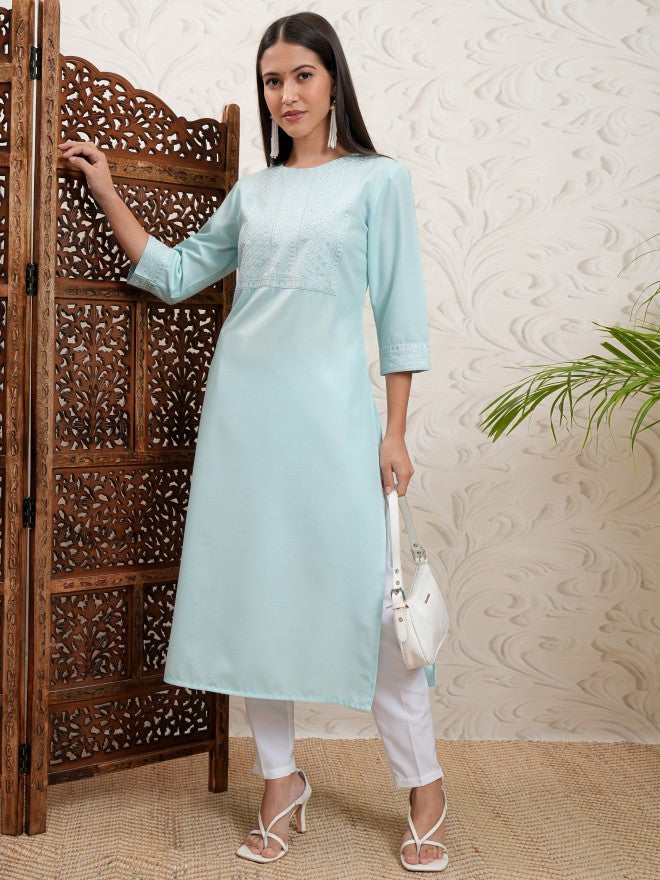Vishudh Women Green Embroidered Straight Kurta - Green - Image 2