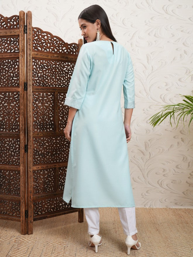 Vishudh Women Green Embroidered Straight Kurta - Green - Image 3