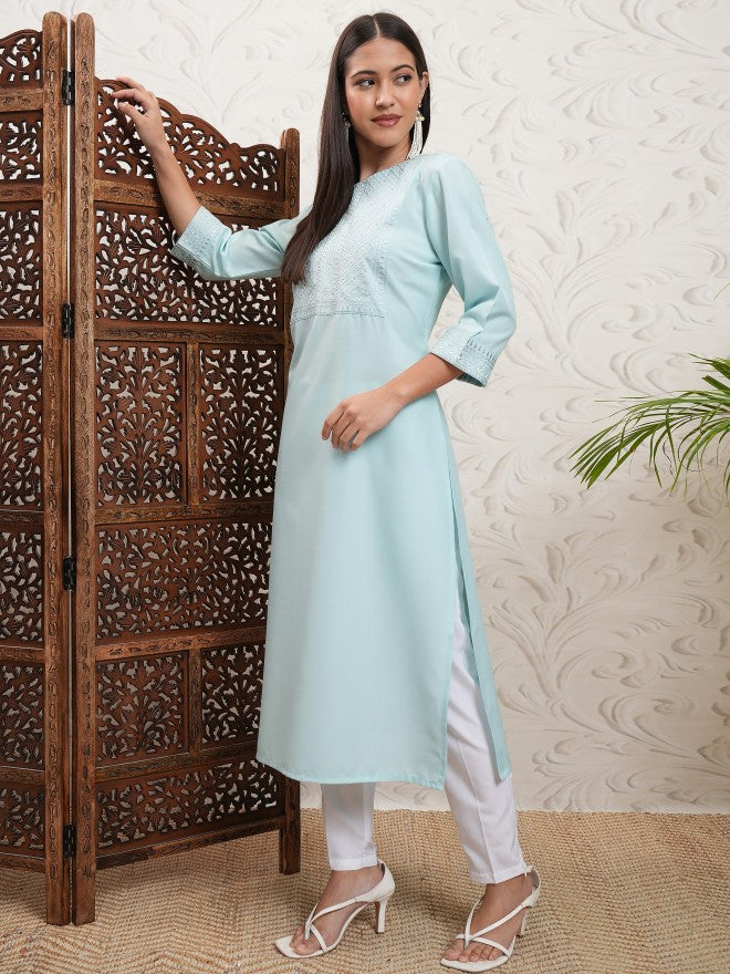 Vishudh Women Green Embroidered Straight Kurta - Green - Image 4