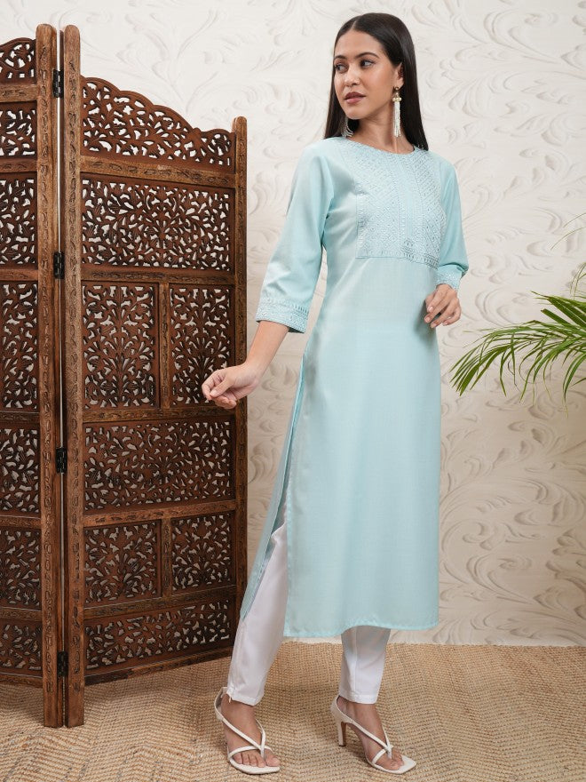 Vishudh Women Green Embroidered Straight Kurta - Green - Image 6