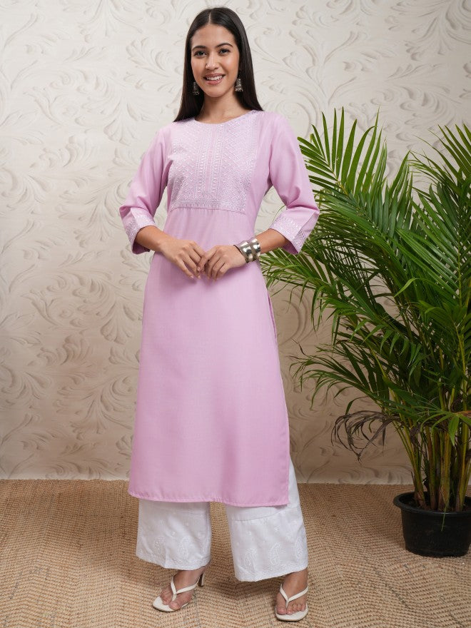 Vishudh Women Lavender Embroidered Straight Kurta - Lavender - Image 2