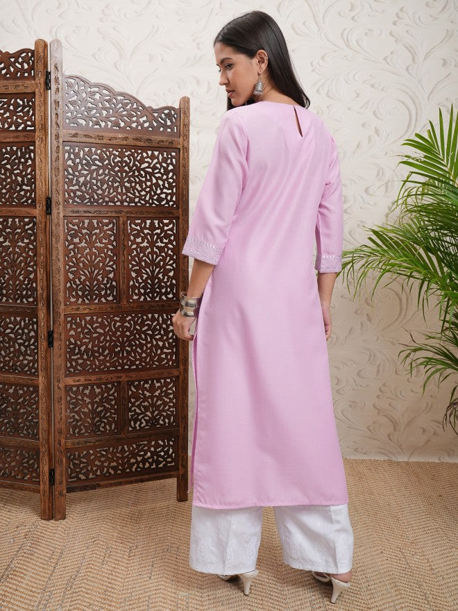 Vishudh Women Lavender Embroidered Straight Kurta - Lavender - Image 3