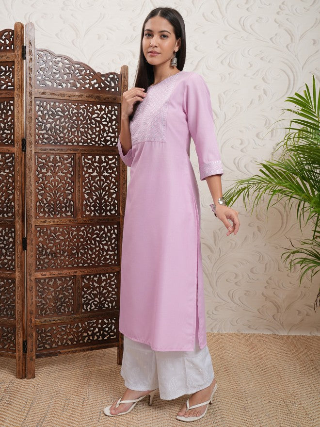 Vishudh Women Lavender Embroidered Straight Kurta - Lavender - Image 4