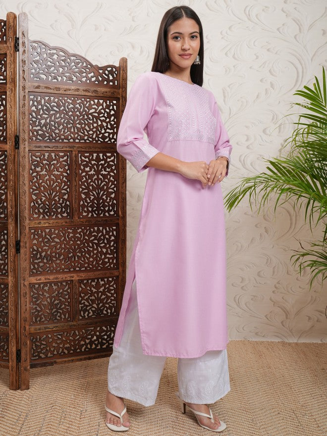 Vishudh Women Lavender Embroidered Straight Kurta - Lavender - Image 6