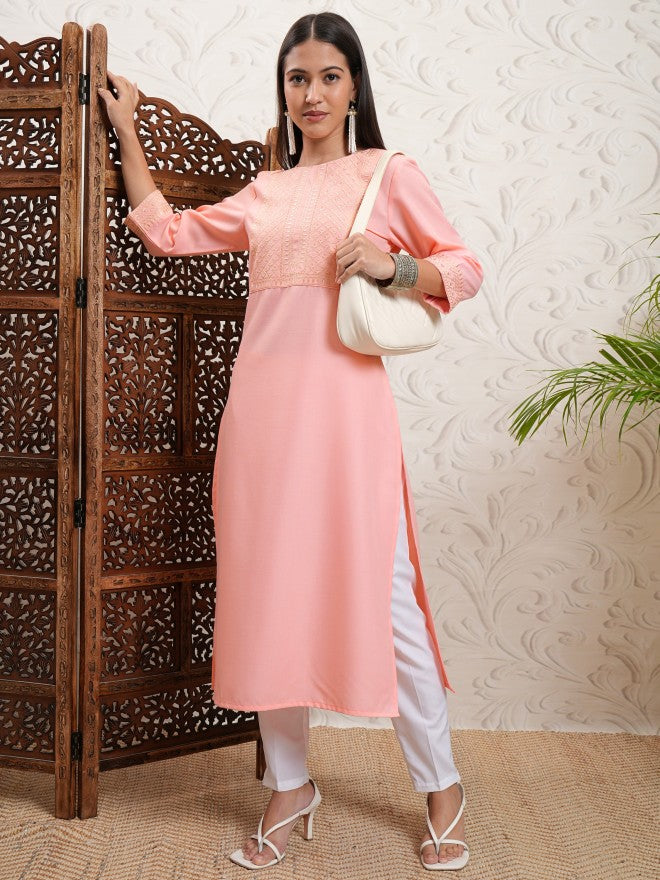Vishudh Women Peach Embroidered Straight Kurta - Peach - Image 2