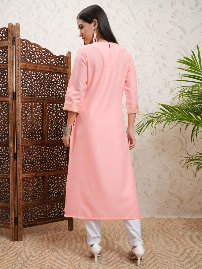 Vishudh Women Peach Embroidered Straight Kurta - Peach - Image 3