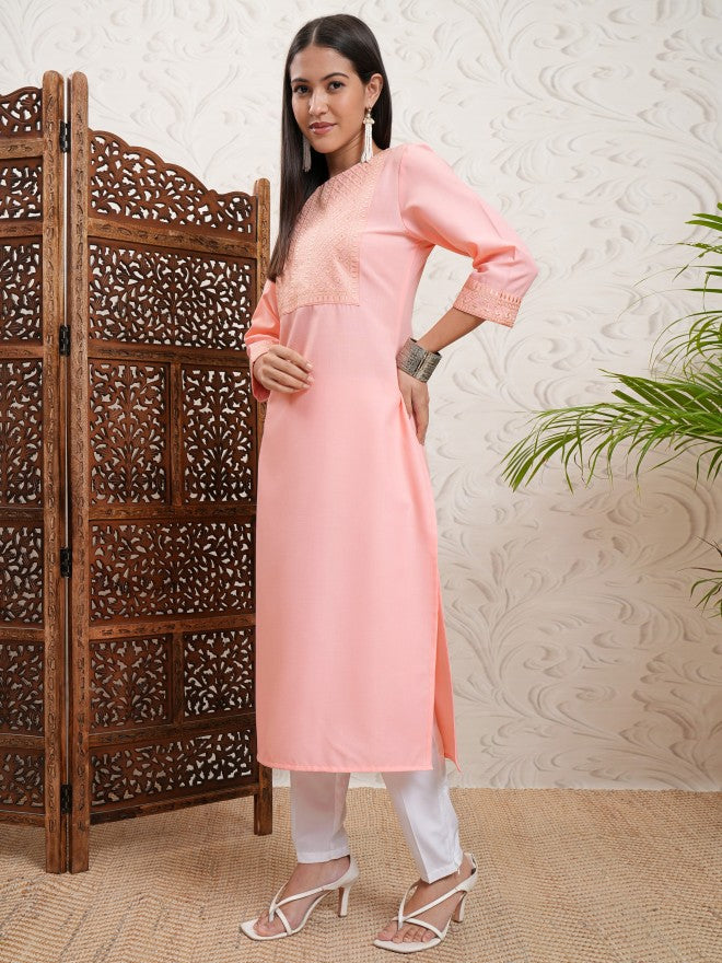 Vishudh Women Peach Embroidered Straight Kurta - Peach - Image 4