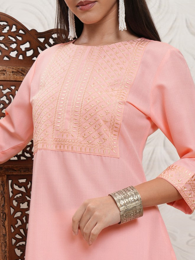 Vishudh Women Peach Embroidered Straight Kurta - Peach - Image 5
