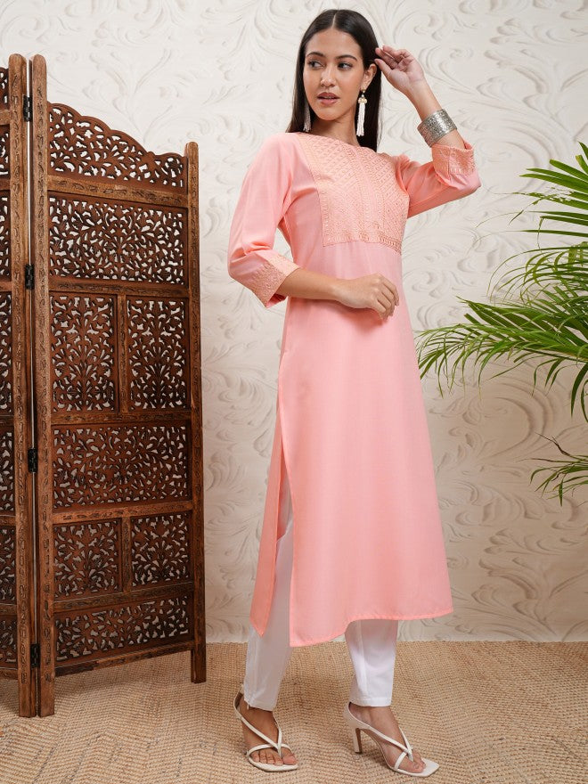 Vishudh Women Peach Embroidered Straight Kurta - Peach - Image 6