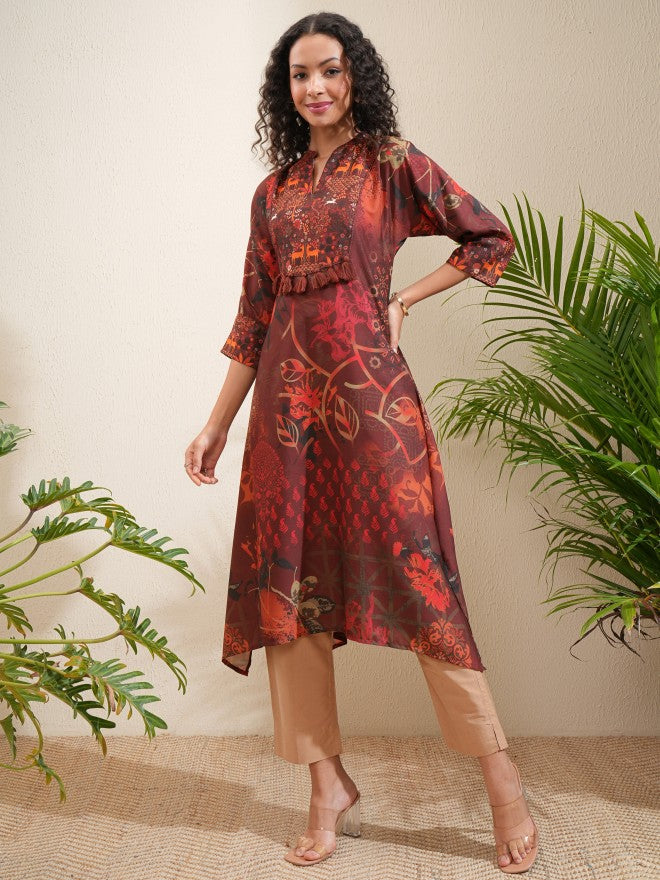 Vishudh Women Brown Printed A-Line Kurta - Brown - Image 2