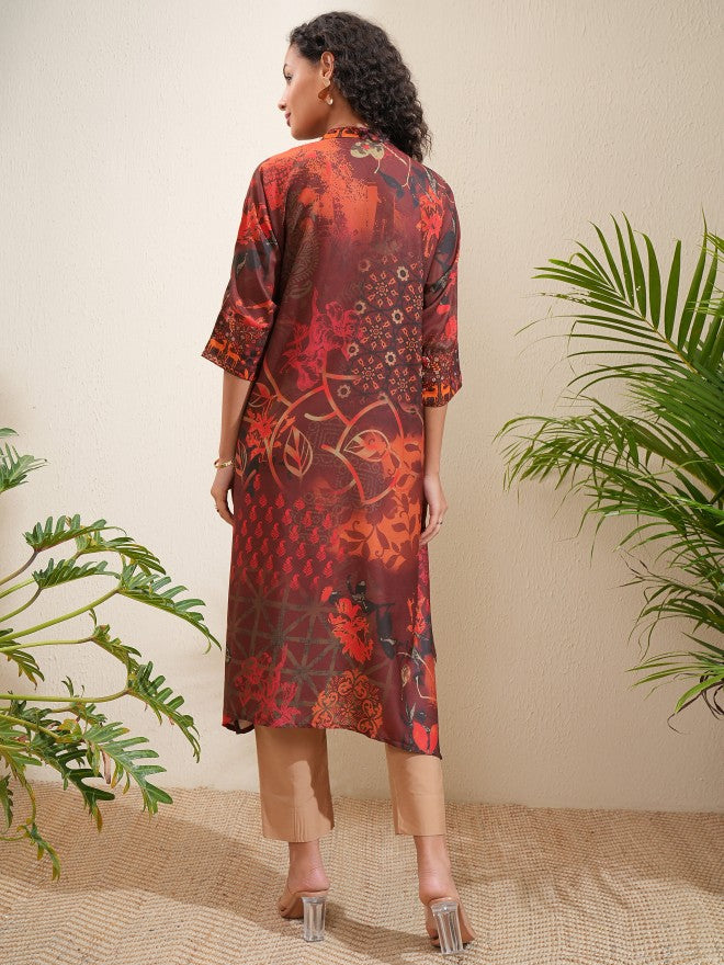 Vishudh Women Brown Printed A-Line Kurta - Brown - Image 3