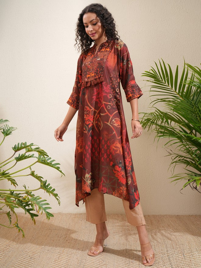 Vishudh Women Brown Printed A-Line Kurta - Brown - Image 4