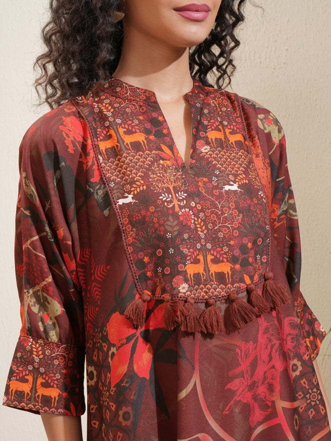 Vishudh Women Brown Printed A-Line Kurta - Brown - Image 5