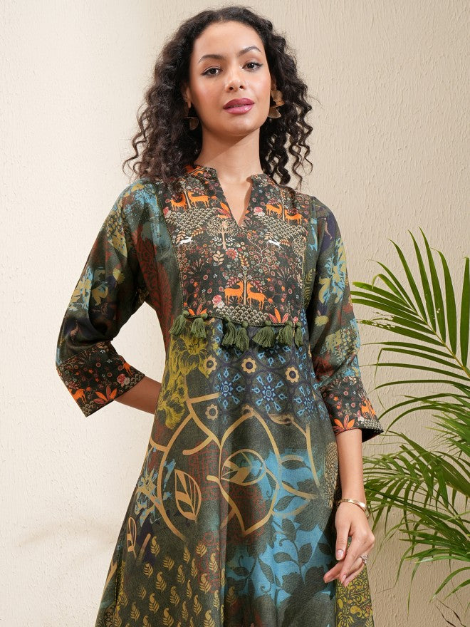 Vishudh Women Olive Printed A-Line Kurta - Olive - Image 1