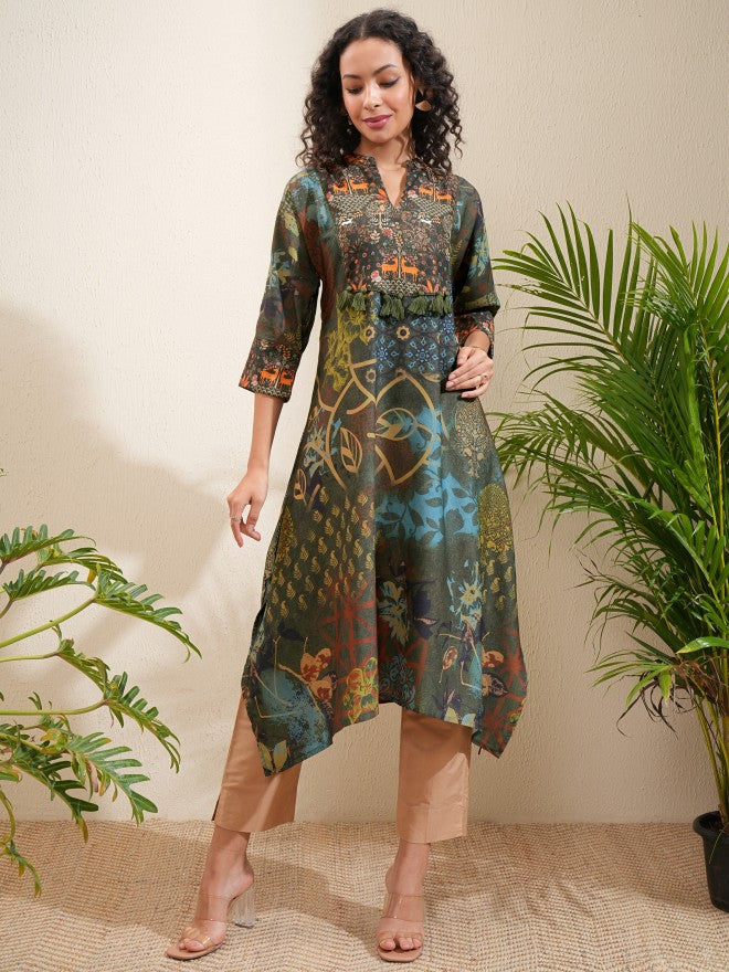 Vishudh Women Olive Printed A-Line Kurta - Olive - Image 2