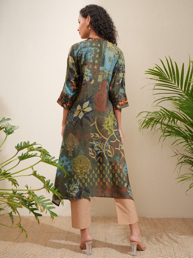 Vishudh Women Olive Printed A-Line Kurta - Olive - Image 3