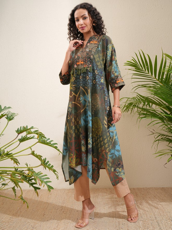 Vishudh Women Olive Printed A-Line Kurta - Olive - Image 4