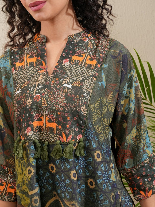 Vishudh Women Olive Printed A-Line Kurta - Olive - Image 5