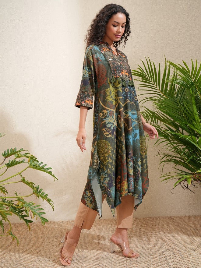 Vishudh Women Olive Printed A-Line Kurta - Olive - Image 6