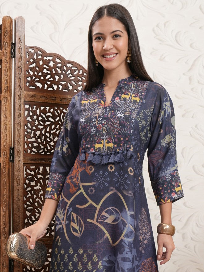 Vishudh Women Blue Printed A-Line Kurta - Blue - Image 1