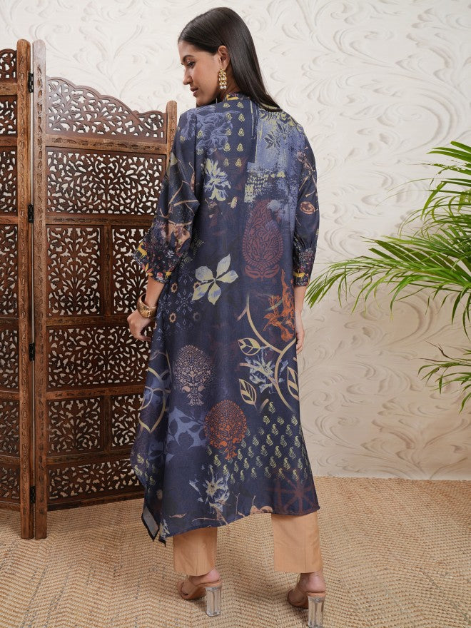 Vishudh Women Blue Printed A-Line Kurta - Blue - Image 3
