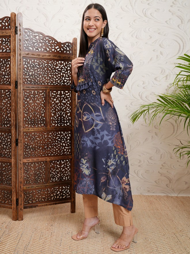 Vishudh Women Blue Printed A-Line Kurta - Blue - Image 4