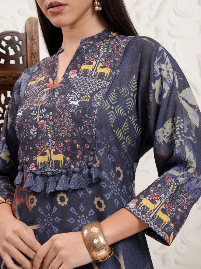 Vishudh Women Blue Printed A-Line Kurta - Blue - Image 5