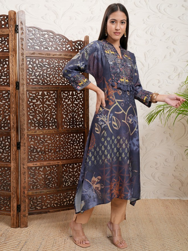 Vishudh Women Blue Printed A-Line Kurta - Blue - Image 6