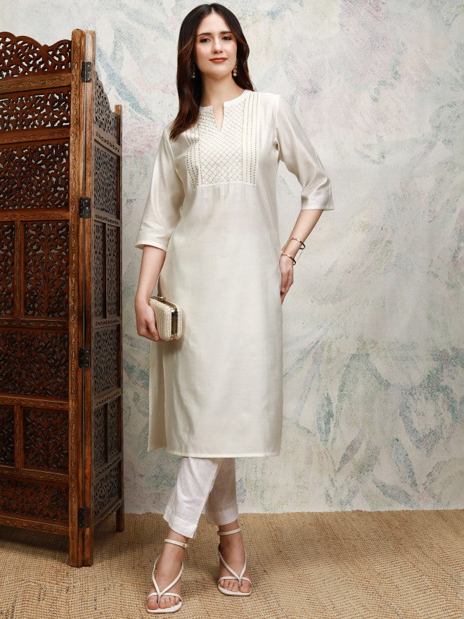 Vishudh Women Off White Embroidered Straight Kurta - Off White - Image 2