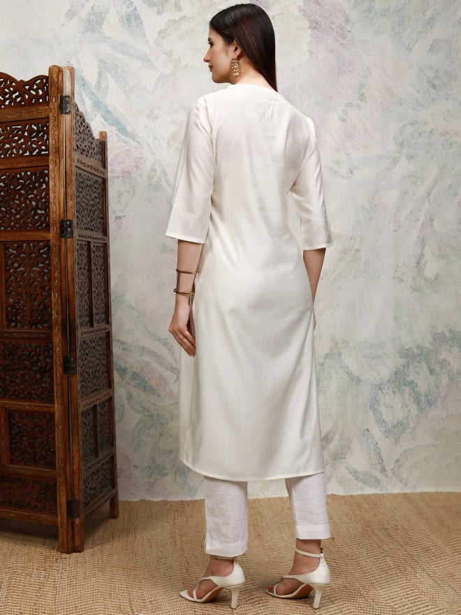 Vishudh Women Off White Embroidered Straight Kurta - Off White - Image 3