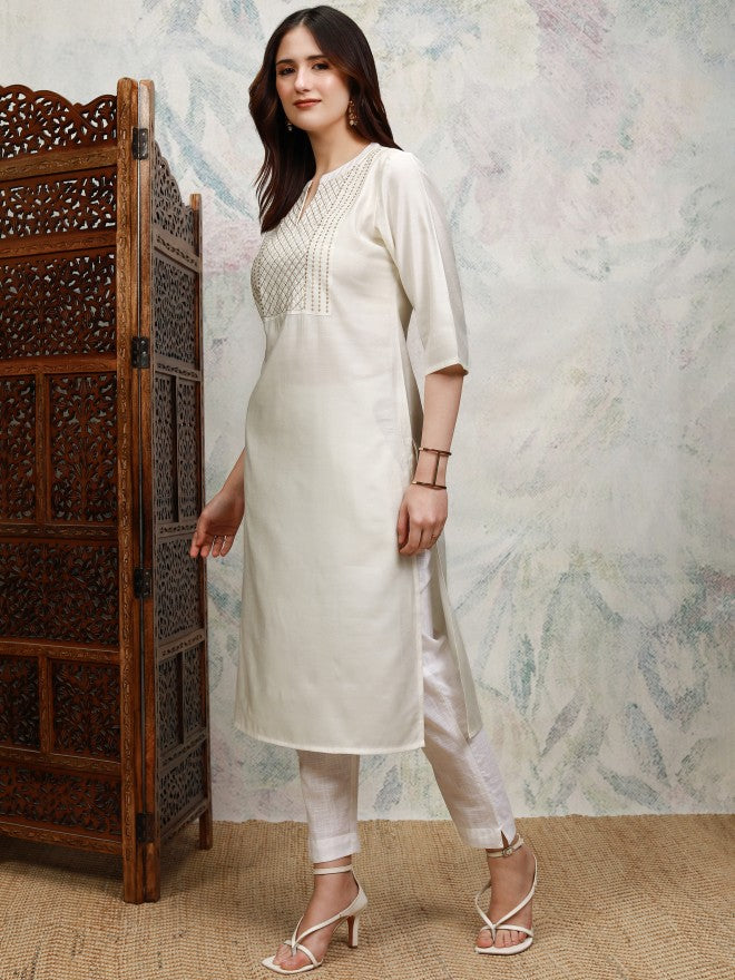Vishudh Women Off White Embroidered Straight Kurta - Off White - Image 4