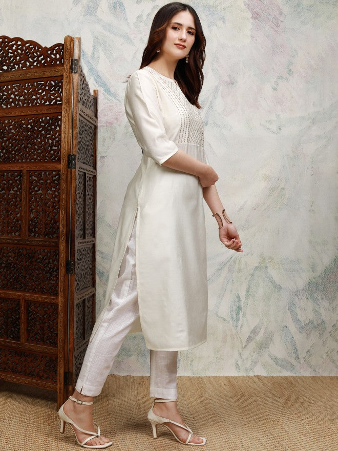 Vishudh Women Off White Embroidered Straight Kurta - Off White - Image 6