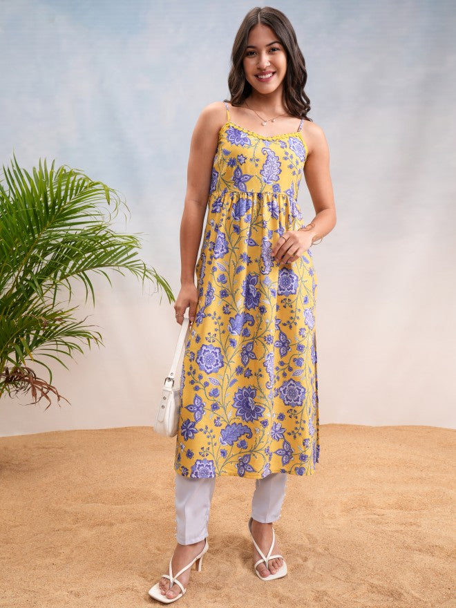 Vishudh Women Yellow Printed A-Line Kurta - Yellow - Image 2