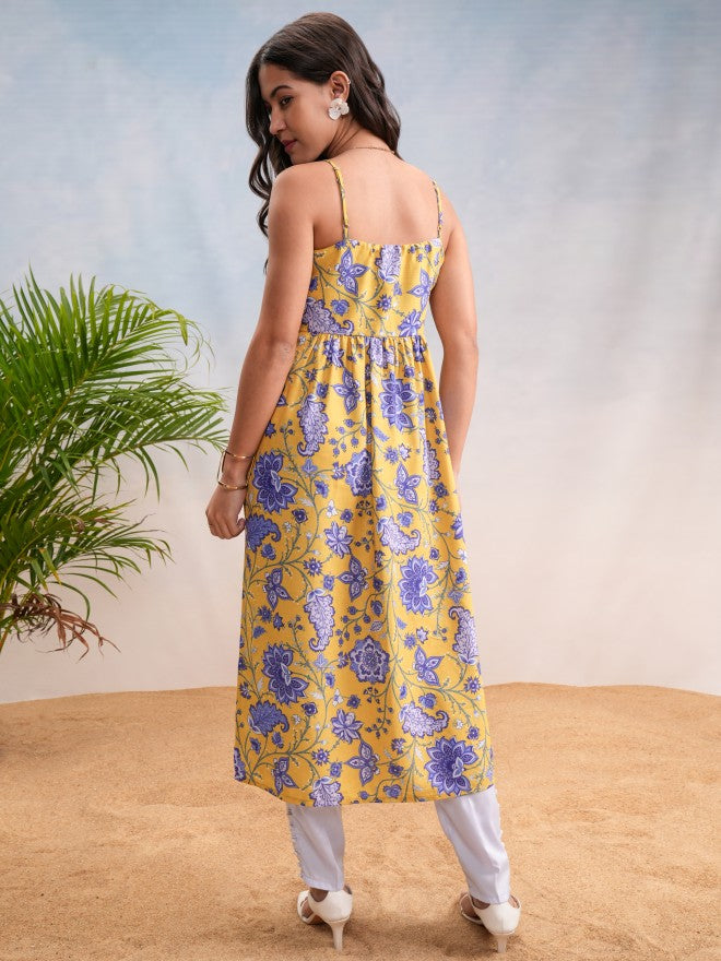 Vishudh Women Yellow Printed A-Line Kurta - Yellow - Image 3