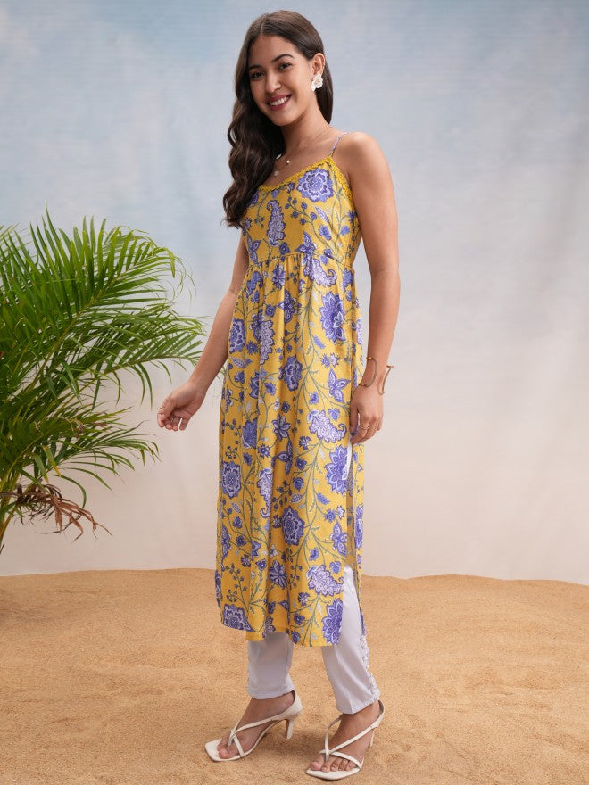 Vishudh Women Yellow Printed A-Line Kurta - Yellow - Image 4