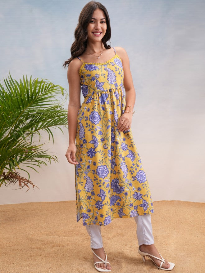 Vishudh Women Yellow Printed A-Line Kurta - Yellow - Image 6