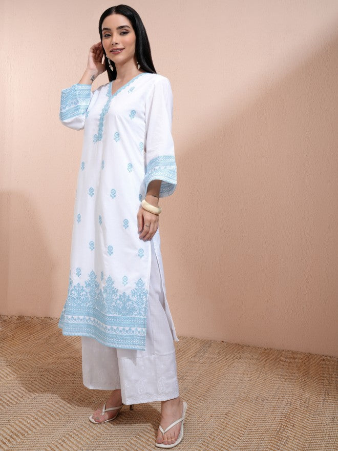 Vishudh Women White Embroidered Straight Kurta - White - Image 3