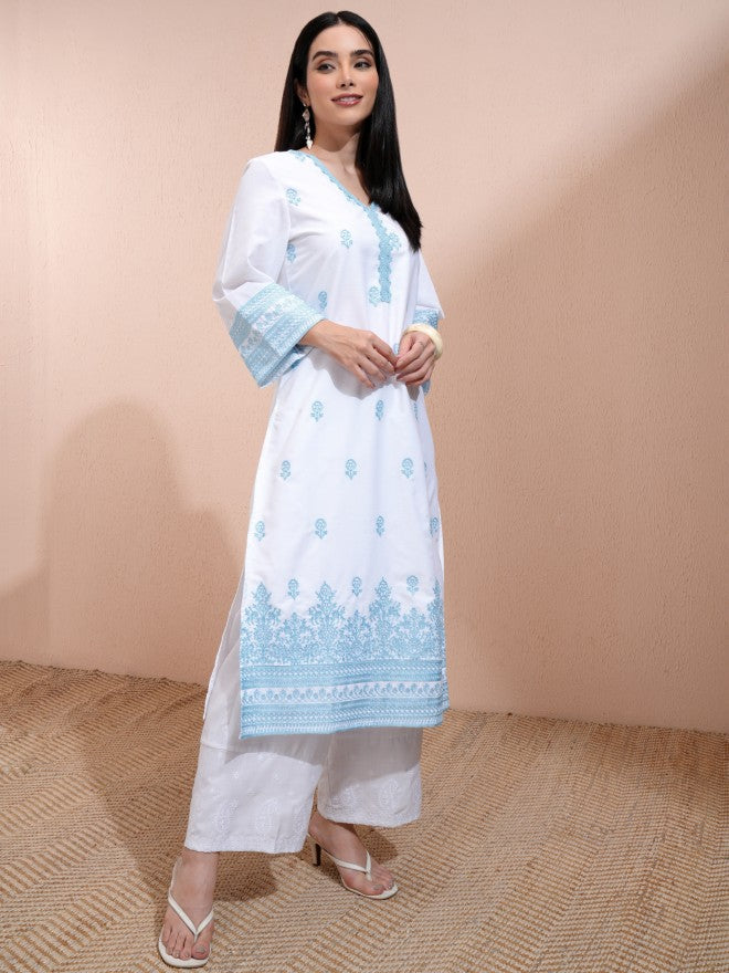 Vishudh Women White Embroidered Straight Kurta - White - Image 5