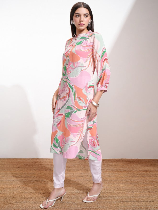 Vishudh Women Peach Printed Straight Kurta - Peach - Image 4