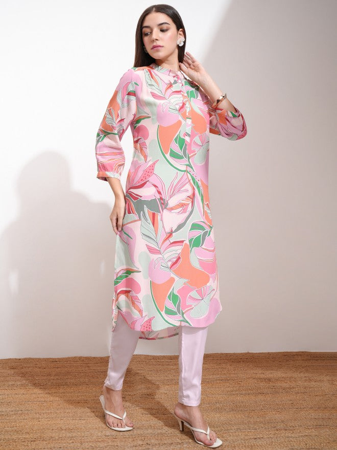 Vishudh Women Peach Printed Straight Kurta - Peach - Image 6