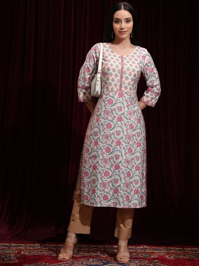 Vishudh Women Beige Printed Straight Kurta - Beige - Image 2