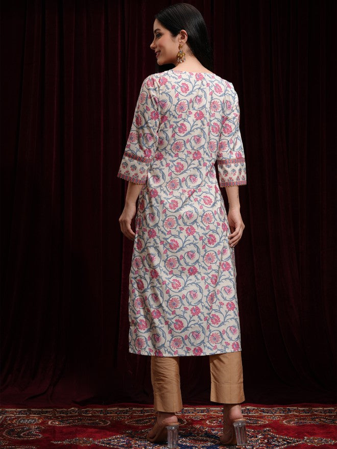 Vishudh Women Beige Printed Straight Kurta - Beige - Image 3