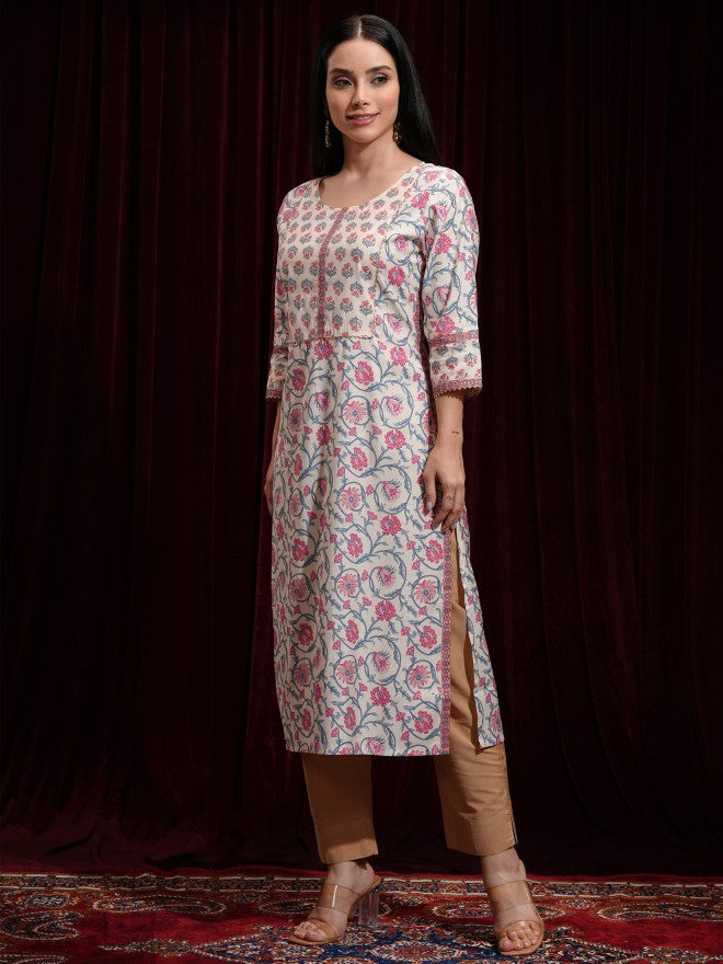 Vishudh Women Beige Printed Straight Kurta - Beige - Image 4
