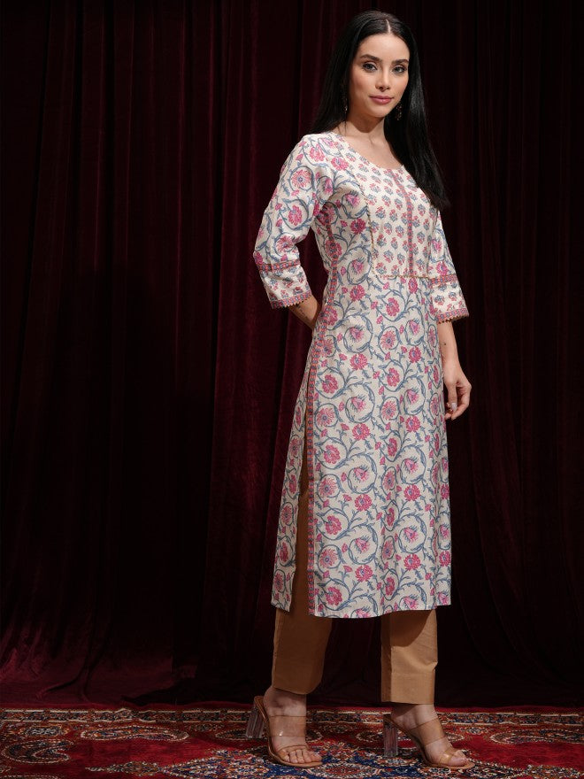Vishudh Women Beige Printed Straight Kurta - Beige - Image 6