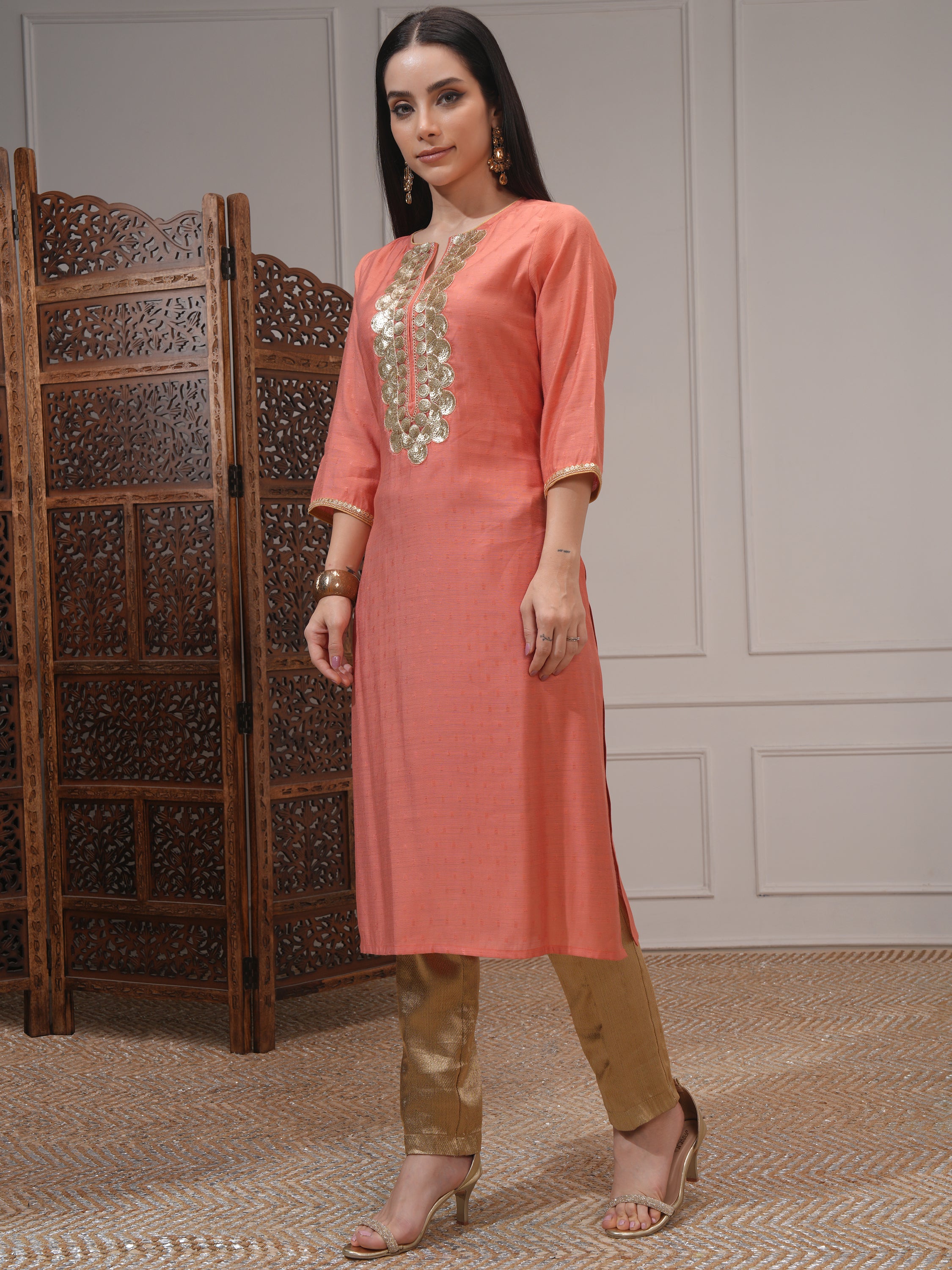 Vishudh Women Rust Embellished Straight Kurta - Rust - Image 2