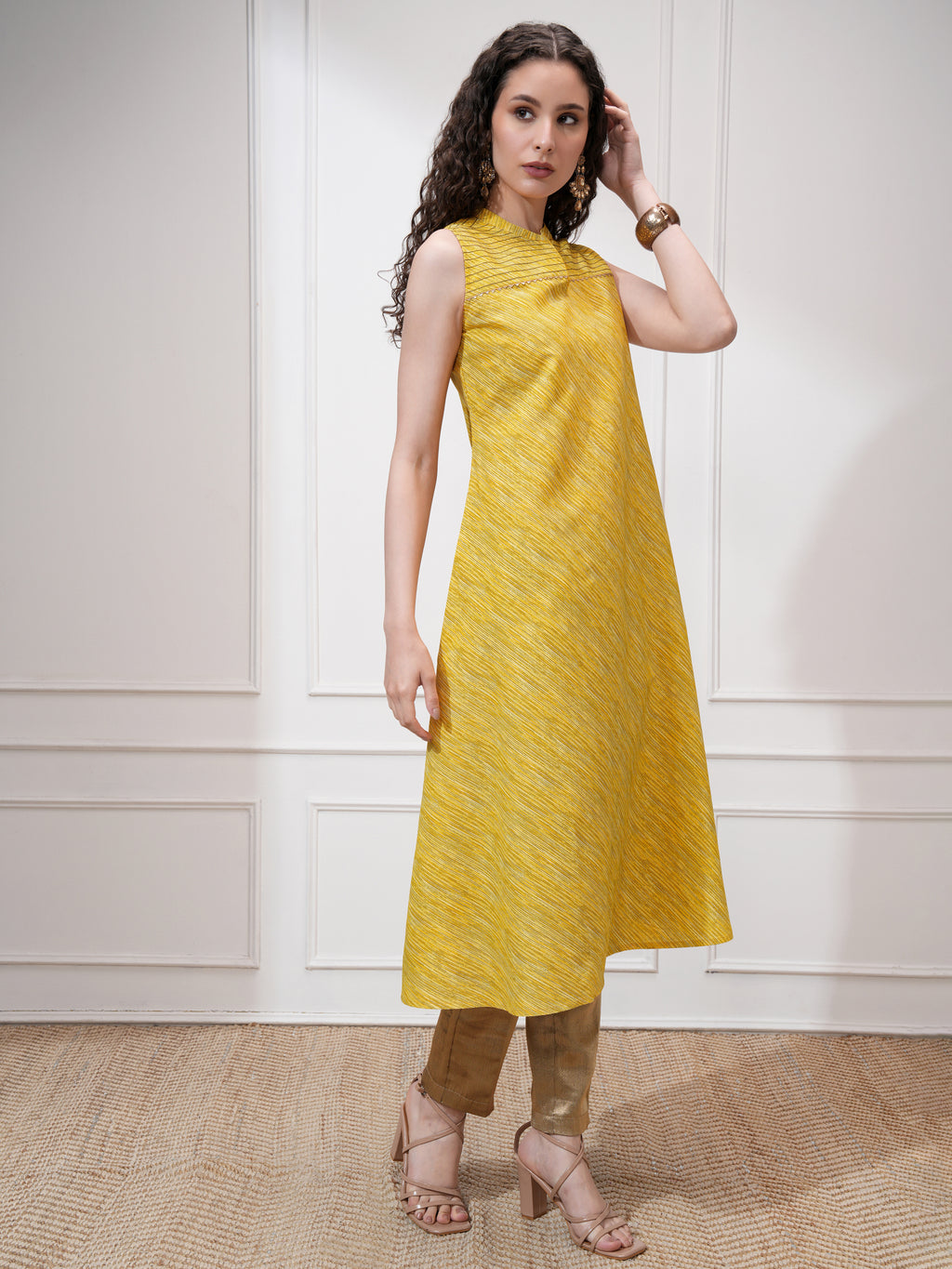 Vishudh Women Yellow Self Design Straight Kurta - Yellow - Image 6
