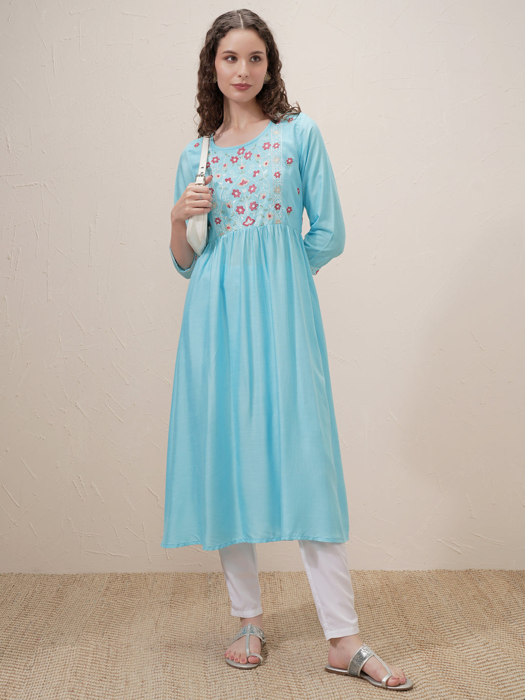 Vishudh Women Blue Embroidered A-Line Kurta - Blue - Image 2