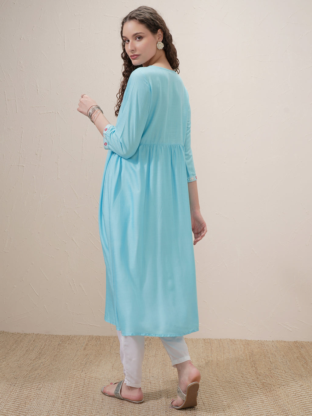 Vishudh Women Blue Embroidered A-Line Kurta - Blue - Image 3