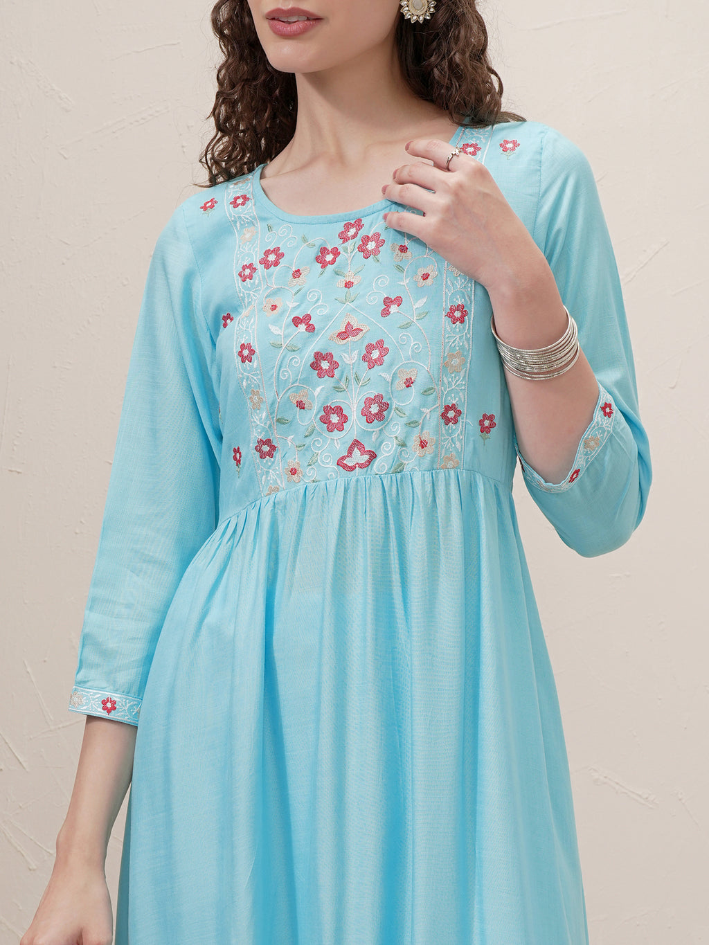 Vishudh Women Blue Embroidered A-Line Kurta - Blue - Image 5